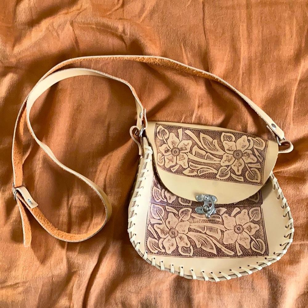 Leather tooled bohemian saddle bag